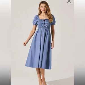 ASTR The Label Smocked Bow Midi Dress - denim blue nwot small